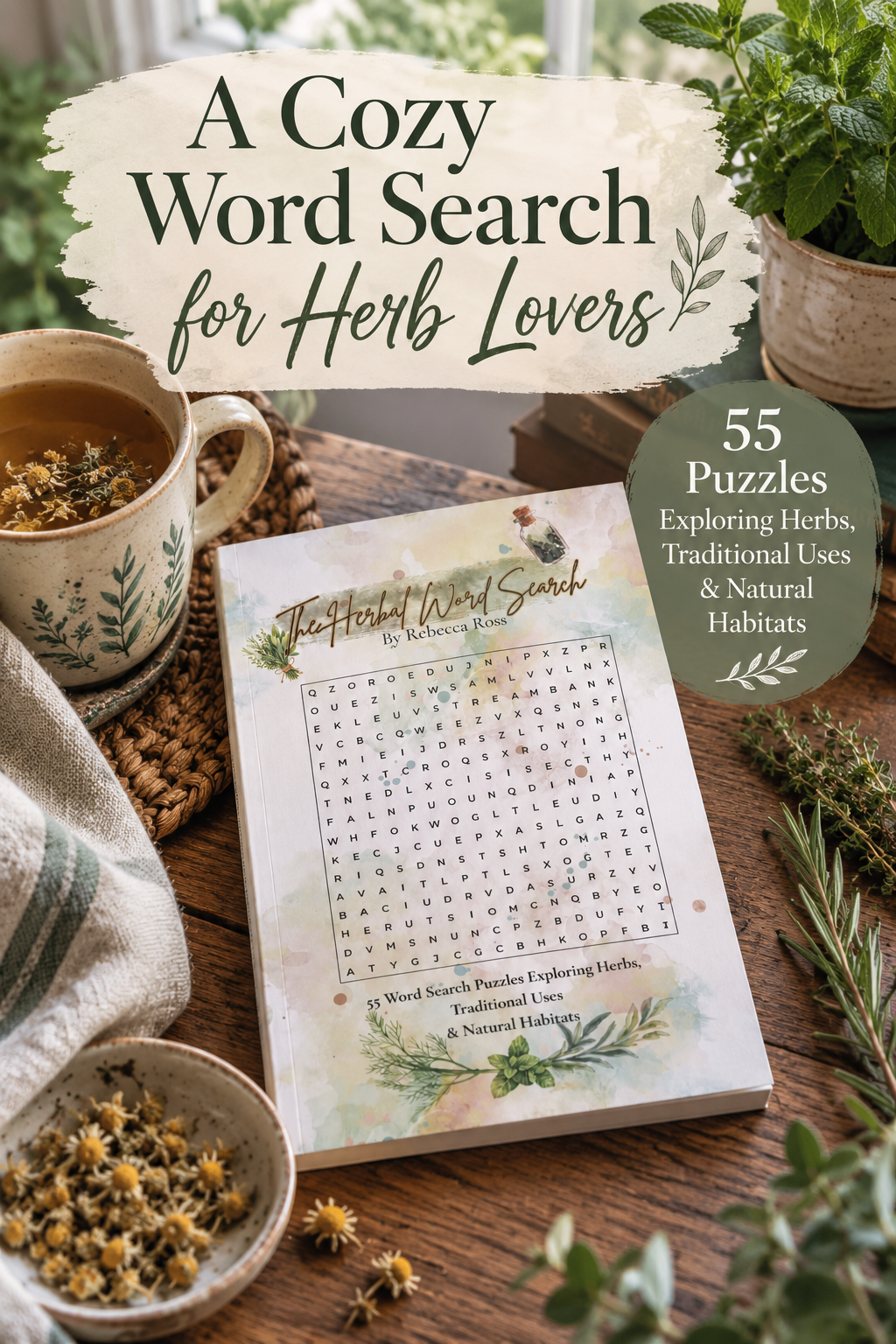 The Herbal Word Search on a cozy wooden table with tea and herbs