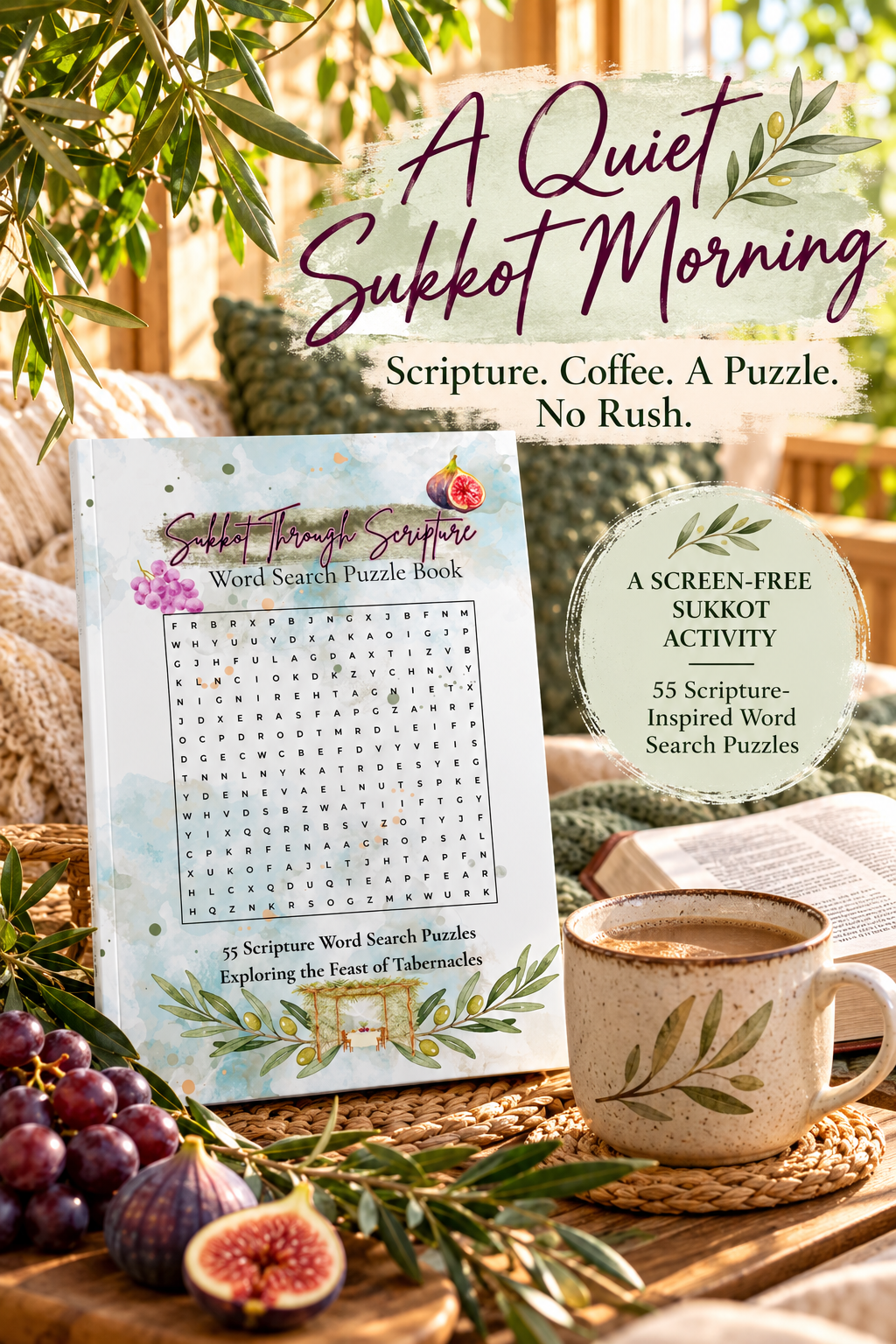 Sukkot Through Scripture puzzle book with coffee